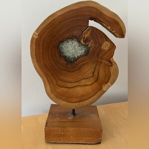 Wood Slice Geode Sculpture with Crystal Center - Brown